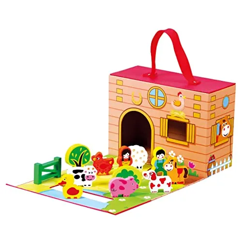 Mertens Farm im Reisekoffer aus Holz - Spielfigur Spielsets mit 12 bunten Tierfiguren, ideal für Kinder ab 18 Monate, fördert Motorik und Konzentration, sicher und langlebig