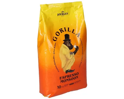 Gorilla Espresso Monsoon 1kg - Kaffee mit 100% hochwertigen Robustabohnen aus Indien, veredelt durch lange Monsoon-Trocknung für intensiven Geschmack und mildes Aroma.