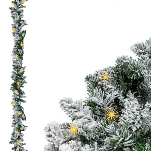LED Tannengirlande mit Schnee und Glitzer warm weiß beleuchtet - 183 cm mit 35 LED - Weihnachtsgirlande Batterie betrieben mit Timer - Deko Beleuchtung Kunst Tanne Girlande für Weihnachten Advent
