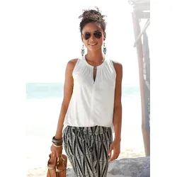 Tanktop LASCANA, Damen, Gr. 44/46, beige (creme), Jersey, Obermaterial: 100% Viskose, unifarben, figurumspielend hüftlang, V-Ausschnitt, Tops Tanktop, mit Zieraccessoire, lässiges Jerseytop, casual