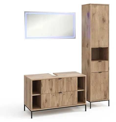 Vicco Badmöbel-Set Eliza, Viking Oak, 3 Teile - Verleihen Sie Ihrem Badezimmer mit dem eleganten Badmöbel-Set Eliza im modernen Viking Oak-Finish einen Hauch von Stil. Praktische Stauraumlösungen und ein strahlender LED-Spiegel sorgen für eine gelungene Kombination aus Funktionalität und Design.