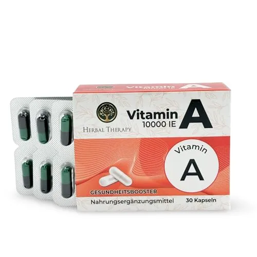 Herbal Therapy Vitamin A Kapseln hochdosiert | 10.000 IE (3000 µg) pro Kapsel | Zur Stärkung von Sehkraft & Immunsystem | 30 Kapseln | Vegan