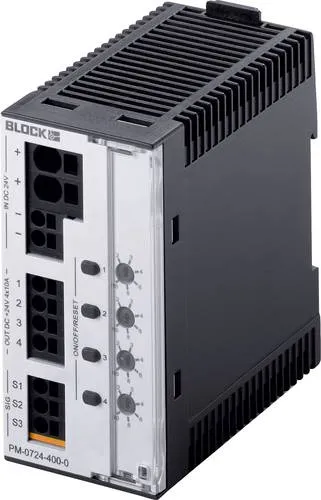 Block PM 0724-400-0 Elektronischer Schutzschalter 24 V/DC 10A - Sonstige Elektroinstallationsartikel mit 4 Ausgängen, der Überlast und Kurzschlüsse zuverlässig überwacht und individuelle Nennstrom-Einstellungen ermöglicht. Ideal für sichere Stromverteilung!