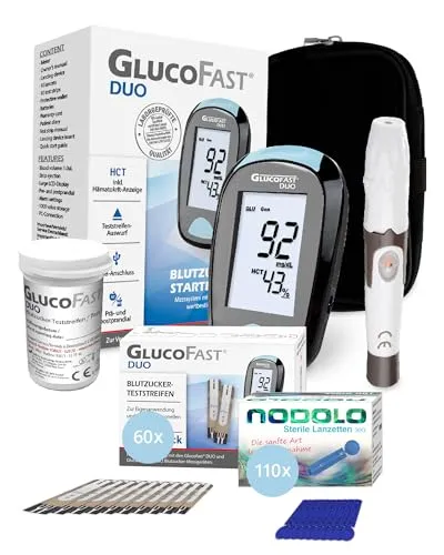 GLUCOFAST Duo Blutzuckermessgerät Bundle – Starter-Set für präzise Diabeteskontrolle - Blutzuckermessgeräte: Umfassendes Set mit 50 Teststreifen und 100 Lanzetten für zuverlässige und einfache Blutzuckermessungen.