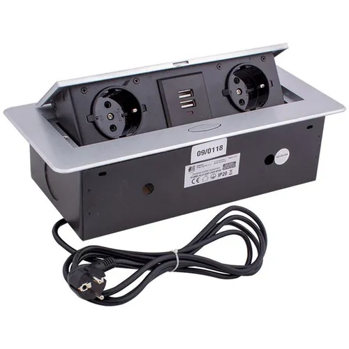 KombiBox 2x Schuko Steckdose + 2x USB 2,4A Tischsteckdose Klappdeckel Aluminium