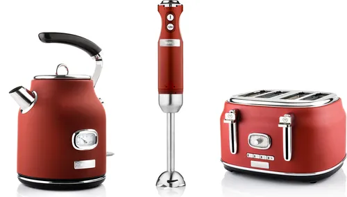 Westinghouse Retro Set, 4-Schlitz Toaster, Wasserkocher, Stabmixer, rot - Küchenhelfer im Retro-Design: Wasserkocher mit 1,7 L, Toaster für 4 Scheiben und leistungsstarker Stabmixer – ideal für stilvolles Frühstück und schnelle Zubereitung.