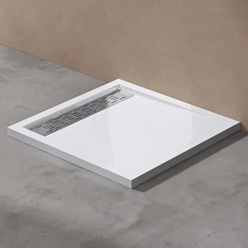 doporro Duschtasse Duschwanne 90x90x5cm flach aus Acryl in Weiß Quadratisch inkl. Ablaufgarnitur AL02 DIN-Anschlüsse für bodenebene Montage geeignet Xetro04W