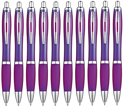 Libetui 10er Pack ergonomische Kugelschreiber Lila Kuli Blaue Mine rutschfeste Griffzone Großraumine blauschreibend Druckkugelschreiber Lila Violet