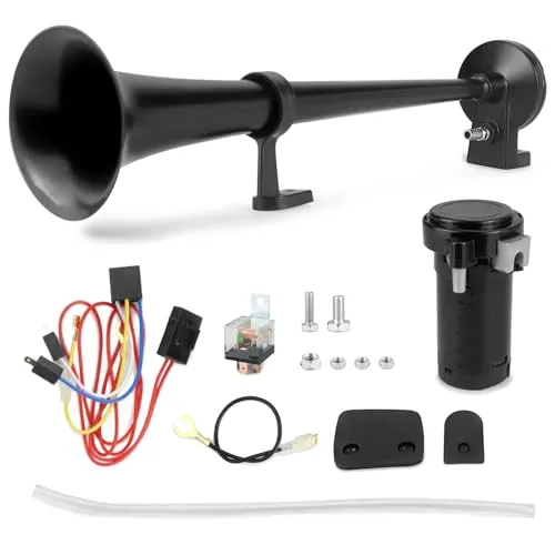 QWORK® 12V 125db LKW Hupe Auto Hupe Chrom Zink 450mm Einzelhorn mit Kompressor, Passend für Alle 12V Fahrzeuge LKW Züge Cars Boote