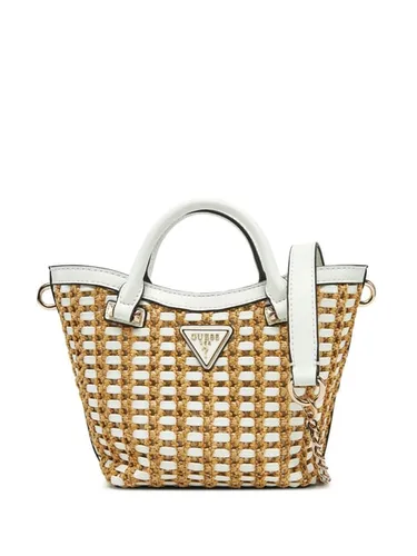 Guess Mini Tote Handtasche in Natural/White - Stylische Handtasche mit geometrischem Muster, abnehmbarem Schulterriemen und praktischem Magnetverschluss – perfekt für trendbewusste Frauen.