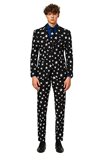 Opposuits Starstruck Partyanzug - Karneval & Mottoparty - Schriller 3-teiliges Kostüm mit Sternen-Motiv, ideal für Mottopartys und Festivals. Hochwertige Verarbeitung im modischen Slim-Fit-Schnitt sorgt für einen exzentrischen Look!