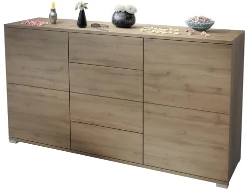 Vladon Sideboard Rova V1 – Kommode mit 4 Türen und 4 Schubladen in Eiche Evoke - Praktisches Sideboard mit 4 geräumigen Fächern und 4 leisen Schubladen. Modernes Design in Eiche Evoke, ideal für stilvolle Aufbewahrung. Made in Germany.