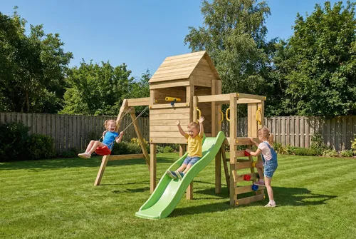 Fungoo LUOMI KDI Spielplatz mit Rutsche, Schaukel und Kletterwand - Der Fungoo LUOMI ist der ideale Spielplatz für kleine Abenteurer! Mit einer Plattformhöhe von 90 cm und vielseitigen Spielmöglichkeiten fördert er Bewegung und Spaß im Garten. Perfekt für jüngere Kinder!