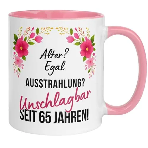 Geburtstag Frauen Geschenk Tasse | Alter? Egal. Ausstrahlung? Unschlagbar seit 65 Jahren! | Lustige Geschenk Geburtstagstasse Spruch 65. Geburtstag | 65ter Geburtstag - Geburtstagsgeschenk Frau 65