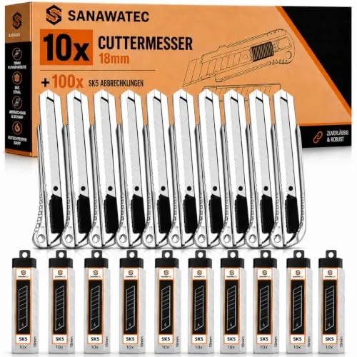 SANAWATEC 10x Cuttermesser 18mm + 100x SK5 Abbrechklingen, Teppichmesser profi, Cuttermesser Profi aus Aluminium, mit Gummigriff, Robust und Ultrascharf, für Heimwerk & Gewerbe