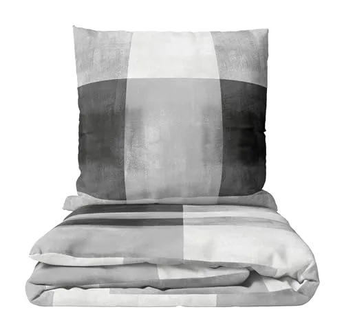 Leonado Vicenti Biber Bettwäsche 155x220 Komfortgröße Winter Set flauschig Feinbiber kariert Grau Weiss Kissenbezug 80x80 cm mit verdecktem Reissverschluss