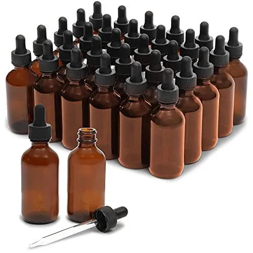 Juvale Pipettenflaschen und 6 Trichter, 30 Stück Tropfflaschen, Glasflaschen, Apothekerflaschen für Parfum, Ätherische Öle, Braunglas, Je 60 ml, 36-Teiliges Set