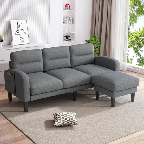 OKWISH 3-Sitzer Ecksofa mit Aufbewahrungstasche – Grau