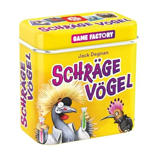Game Factory 646091 Schräge Vögel - pfiffig-fieses Kartenspiel - Gesellschaftsspiel für 2-5 Spieler ab 8 Jahren, schnelles Reisespiel in handlicher Metalldose mit einfachen Regeln und kniffligen Entscheidungen für spannende Spielrunden.