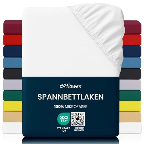 Flowen Spannbettlaken 140x190 cm Mikrofaser Spannbetttuch Weiß für Bett Atmungsaktive Hypoallergene Bettlaken Anti-Milbe Leicht Weich und Knitterfrei mit 30 cm Tiefe Tasche Maschinenwaschbares