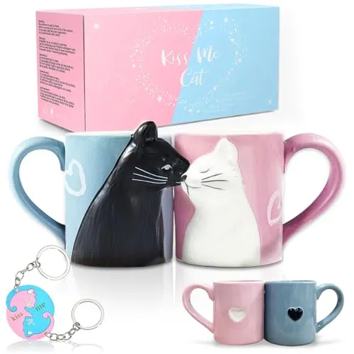 MengCat Katze Kaffee Paar Bechersatz, Keramik Teetassen Set, Kuss Hochzeit Becher für Braut und Bräutigam, Geschenk für Jubiläum, Engagement, Valentinstag, Geburtstag