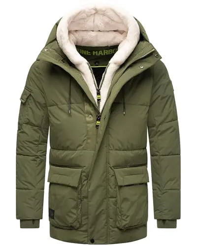 STONE HARBOUR Herren Winterjacke warme Steppjacke mit Kapuze und flauschigem Teddyfleece-Einsatz Lauroo XX Pine Olive Gr. XXL