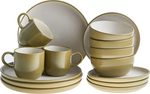 BELIANI Tafelservice Grün und Weiß Steinzeug Glasiert für 4 Personen 16-teilig Rund Elegant Zweifarbig Geschirr Set Essgeschirr Küche Esszimmer