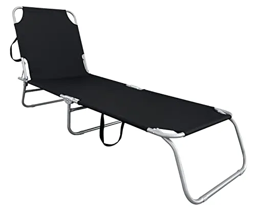 3-Bein Gartenliege klappbar - Schwarz - Liegen für Garten, Pool und Camping mit 4-fach verstellbarem Rückenteil für individuellen Komfort und praktischen Tragegurten für einfachen Transport.