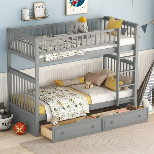 Etagenbett mit 2 Schlafgelegenheiten - Hochbett aus Kiefer, umbaufähig zu Einzelbetten - Etagenbett aus massivem Kiefernholz mit 2 Schlafgelegenheiten, umbaubar zu 2 Einzelbetten. Mit sicherem Absturzschutz und praktischen Schubladen für viel Stauraum.