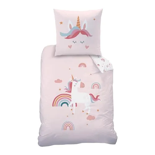 MTOnlinehandel Unicorn Bettwäsche - Regenbogen Einhorn Emma - Bettwaren-Set für Kinder, bestehend aus 135x200 cm Bettbezug und 80x80 cm Kissenbezug. Aus 100% hochwertiger Baumwolle für langanhaltenden Komfort und eine fröhliche Atmosphäre im Kinderzimmer.