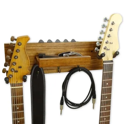 keepdrum Gitarren-Wandhalterung Ebony für 2 Gitarren - Gitarrenständer für 2 Gitarren, aus elegantem Ebony-Holz, mit zusätzlicher Ablagefläche und Metallhaken für Zubehör – ideal zur sicheren und stilvollen Aufbewahrung.