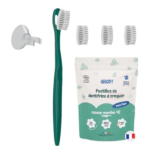 [EHOP] Set – Zahnbürste für Erwachsene mit 3 weichen, wiederaufladbaren Bürstenköpfen für Erwachsene, 1 aufsteckbarer Saugnapf, 1 feste Minzzahnpasta | Grüner Griff | aus französischer Produktion