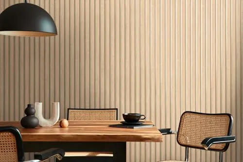 A.S. Création Vliestapete mit Wandpaneelmotiv mit Metallic-Effekt 0,53 x 10,05 m – Beige Braun Gold Metallic – Tapete in Holzoptik Made in Germany – 786651