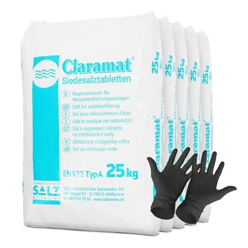 Claramat Siedesalz Tabletten 5 x 25kg - Chlor: Hochwertige Siedesalztabletten für Wasserenthärter, verlängern die Lebensdauer Ihrer Geräte und verhindern Kalkablagerungen. Inklusive 1 Paar ARNOMED Einweghandschuh.