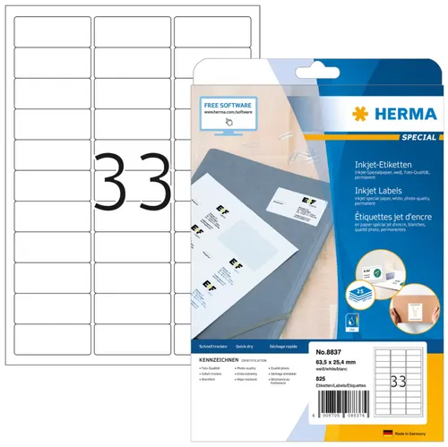 HERMA Inkjet-Etiketten A4 63,5x25,4 mm - 825 St. - Diverse H - Hochwertige Inkjet-Etiketten für saubere Druckergebnisse, ideal für Beschriftungen und Etikettierungen zu Hause oder im Büro.