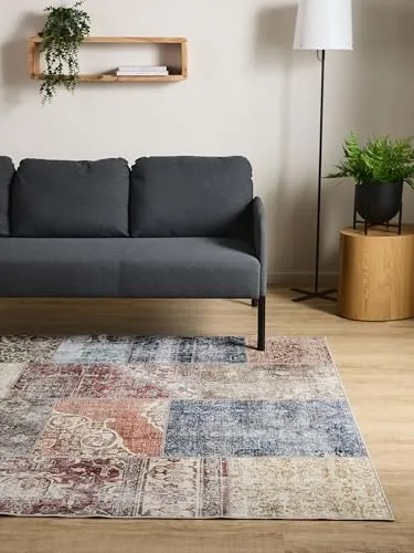 Interiyou Vintage Teppich Wohnzimmer Gent - 80x150 cm Multicolor - Für Schlafzimmer, Esszimmer, Kinderzimmer - Kurzflor waschbar und rutschfest, Print Muster