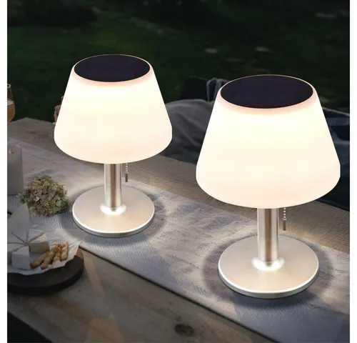 2er Set LED Solar Tisch Lampen - Terrassen Außen Beleuchtung - Lampen für Garten und Terrasse mit zeitlosem Design, bieten bis zu 6 Stunden warmweißes Licht. Ideal für gemütliche Sommerabende im Freien.