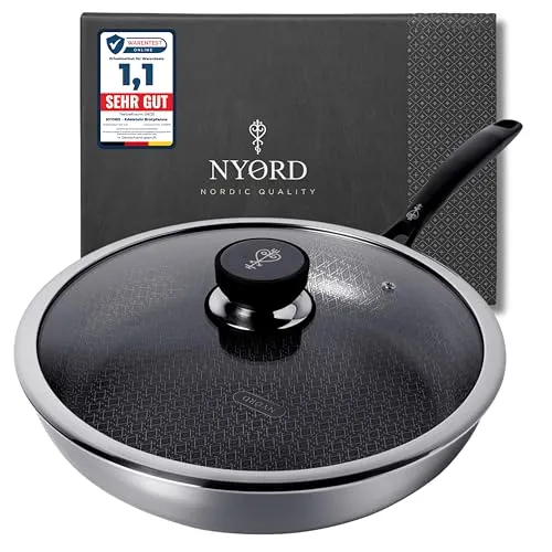 NYORD Edelstahlpfanne - 24cm, Antihaft & Kratzfest - Bratpfanne mit innovativer Hybridbeschichtung für fettfreies Kochen, spülmaschinenfest und ideal für alle Herdarten – inklusive Induktion, mit praktischem Silikondeckel.