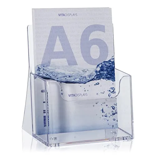 VITAdisplays DIN A6 Tisch-Prospektständer für Flyer und Prospekte als praktischer Postkarten-Aufsteller im Hochformat. Transparenter Flyerständer als Prospekthalter für ihre gedruckte Werbung.