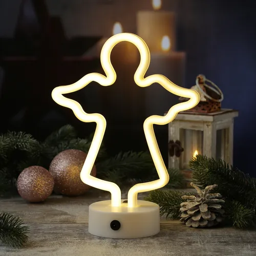 LED NEON Schild ENGEL Neonlicht warmweiße Leuchtfigur Batterie USB 28cm