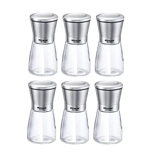 Westmark Gewürzmühlen-Display, Inhalt: 6 Mühlen, Mit Keramikmahlwerk, Glas/Keramik/Rostfreier Edelstahl, Edelstahl, Transparent/Silber/Schwarz, 63342611