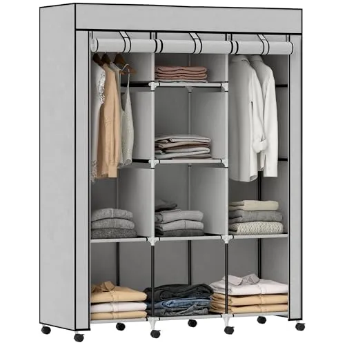 HOMCOM Kleiderschrank Stoffschrank mit Kleiderstange - Falt- & Stoffschränke, ideal zur Organisation Ihrer Kleidung mit 2 Kleiderstangen und 8 Ablagen, schützt vor Staub und ist stabil mit einfacher Montage.