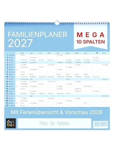6vibes Familienplaner 2027 XXL mit 10 Spalten, Wandkalender für Großfamilien, Bunt, Spiralbindung, Monatlich, 42x42 cm, Papier