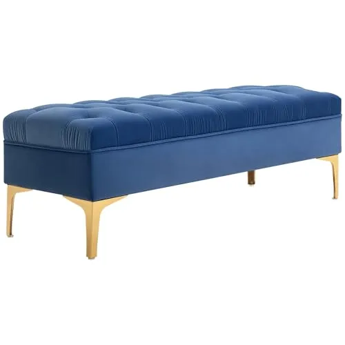 HOMCOM Sitzbank mit Samtbezug, 118 x 45 x 42 cm - Elegante Sitzbank in Samt Blau, ideal für Schlafzimmer oder Flur. Mit 120 kg Traglast und stilvollen goldenen Beinen bietet sie Komfort und vielseitige Nutzung.