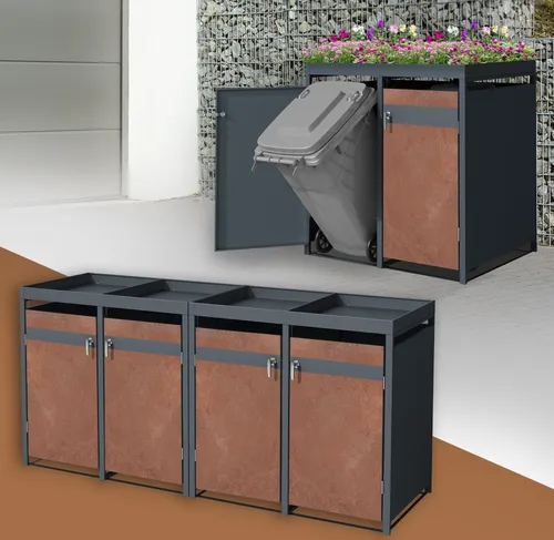 ML-Design Mülltonnenbox 4er mit Pflanzdach - Mülltonnenboxen mit abschließbarem Design und integriertem Pflanzdach für eine ansprechende Gartenoptik. Wetterfest und korrosionsbeständig aus Stahl, ideal für bis zu 4 Tonnen.