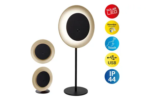 näve LED Solarleuchte Solan - Dimmfunktion & USB-Ladefunktion - Lampen: Die elegante 4in1 Akku-Solar-Tisch-Hängeleuchte mit dimmbarer Helligkeit und praktischem Dämmerungssensor sorgt für stimmungsvolles Licht im Außenbereich.