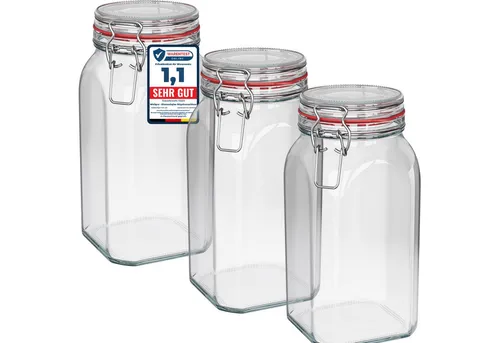 Wellgro Vorratsglas Einmachgläser mit Bügelverschluss eckig (3-tlg) - Vorratsgläser mit luftdichtem Bügelverschluss für die stilvolle und sichere Aufbewahrung Ihrer Lebensmittel. Ideal für Fermentierung, Einmachen und mehr – nachhaltig und robust!
