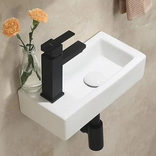 HOROW Waschbecken Hängend, Wandwaschbecken Eckig Weiß Keramik Porzellan Mini Handwaschbecken Klein Gäste WC, Hahnloch Links, 370 x 185 x 90 mm, kein Pop-up-Abfluss