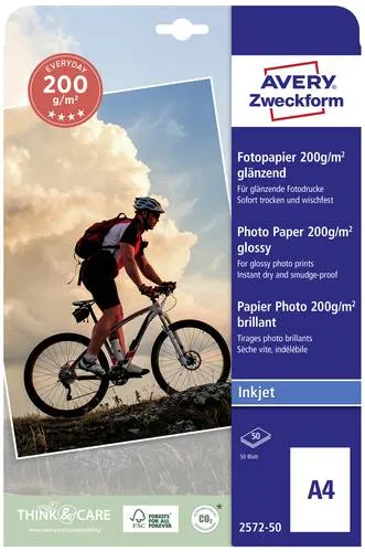 AVERY Zweckform Fotopapier 2572-50 - Hochglänzendes DIN A4 Fotopapier, 200 g/m² für brillante Drucke, 50 Blatt, wischfest und sofort trocken