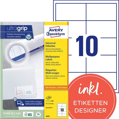 Zweckform 3679 Avery Etiketten 97 x 55mm - 1000 Stück - Etiketten für alle gängigen Drucker, mit starker Klebkraft und nachhaltiger Qualität. Ideal für Seriendruck und größere Aufträge, Made in Germany.